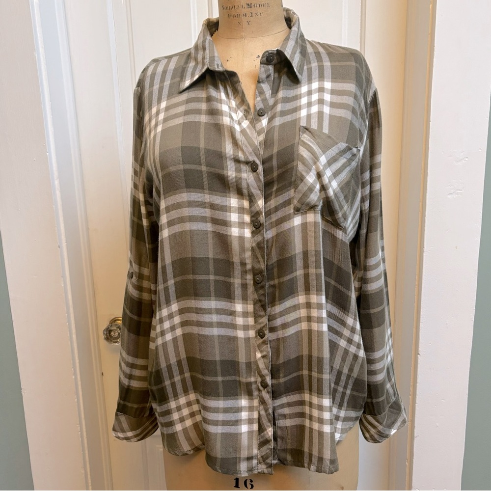 Keren Hart Long Sleeve Brown, White Plaid Blouse​ With Button Tab Sleeves Large